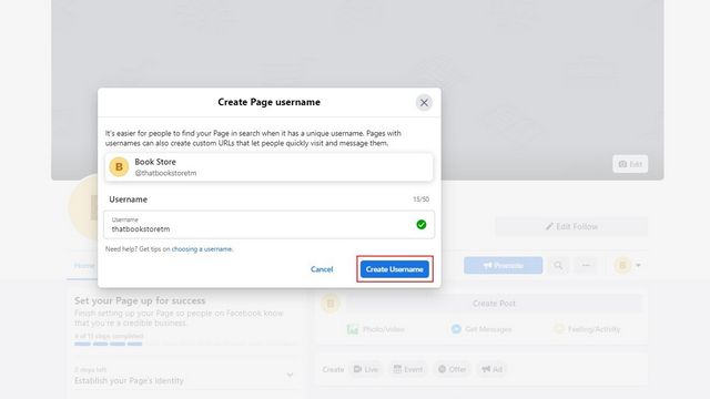 fb పేజీ కోసం వినియోగదారు పేరును ఎంచుకోండి